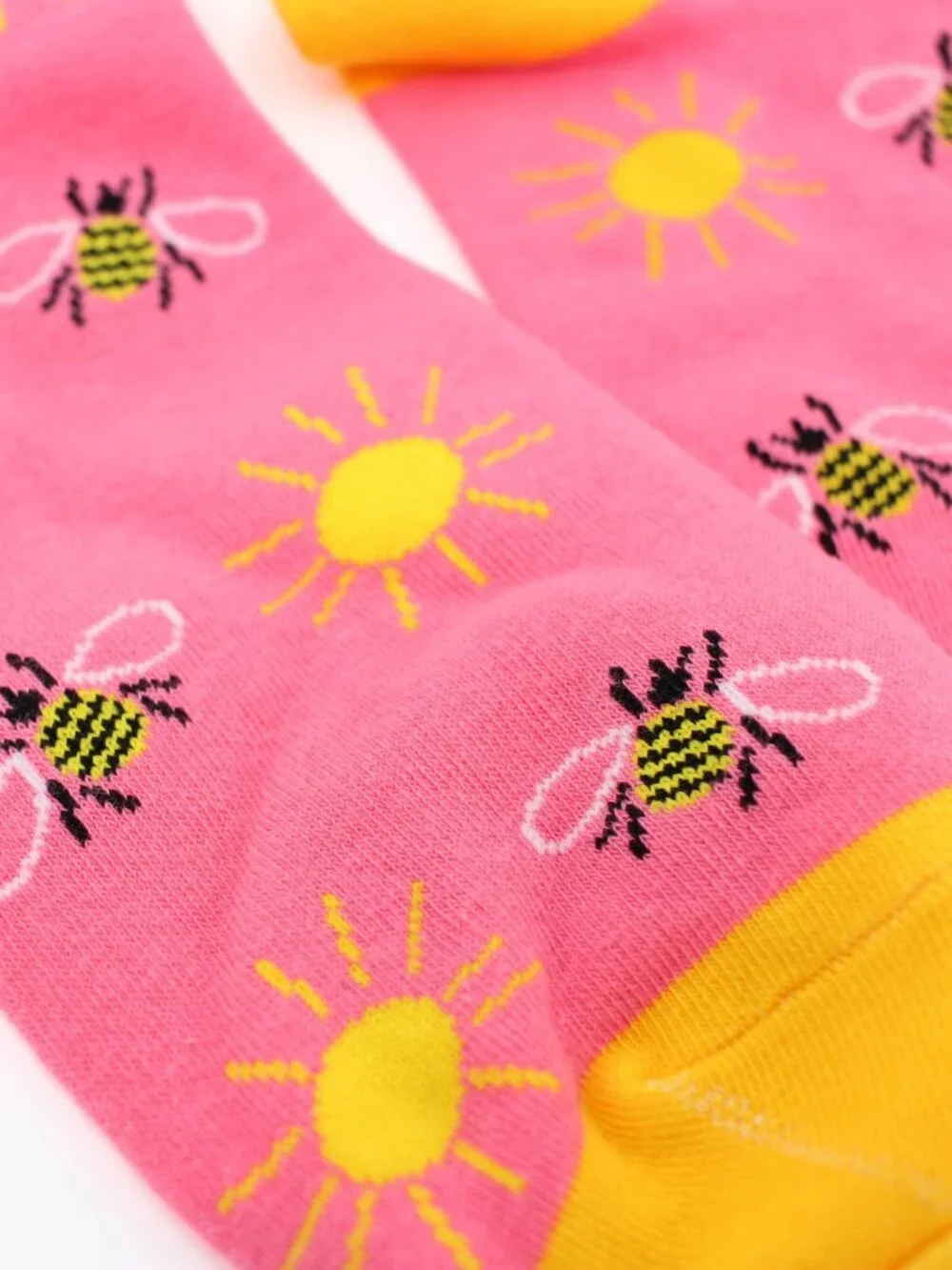 Women's Coral Pink & Yellow Sun & Bee Cotton Crew Socks